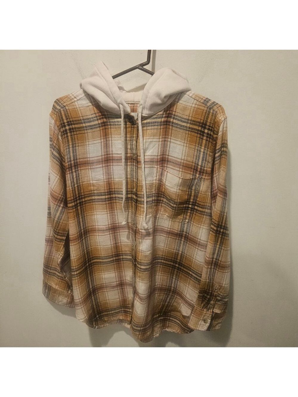 Women's American Eagle Oversized Hooded Plaid Flannel Shirt L Beige Brown - Picture 2 of 11